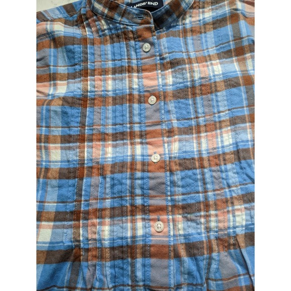 Lands End Plaid Cotton Flannel Pintuck Button Blouse Sz 2 Roll Tab Arm New wTags - Picture 4 of 6
